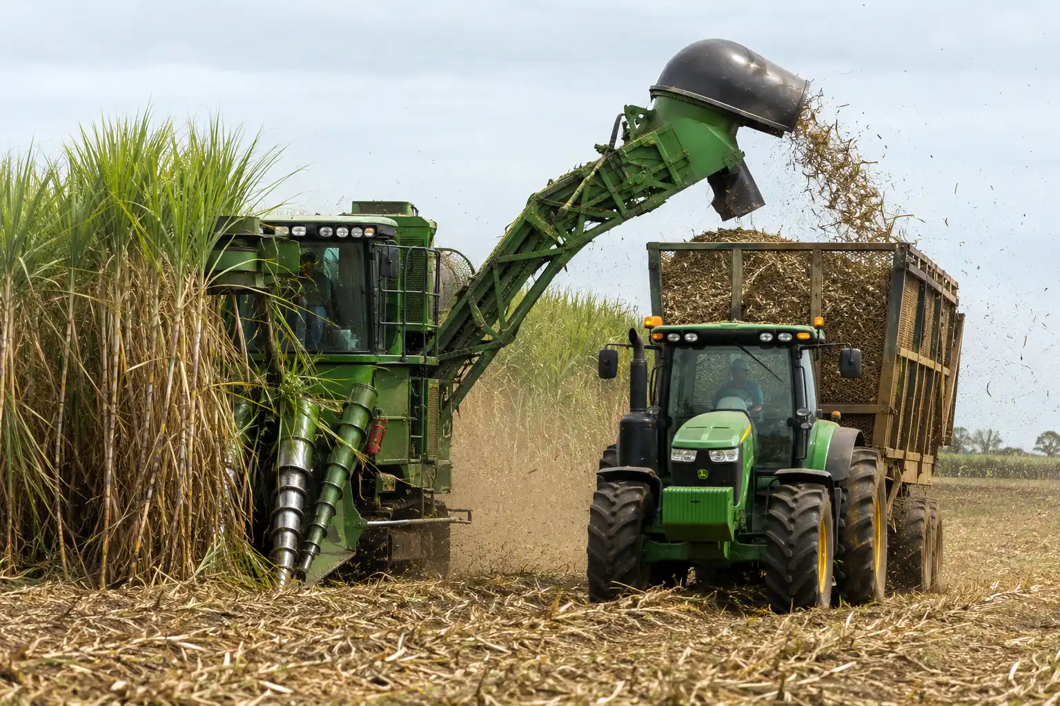 Chopper harvester cutting sugarcane and loading billets into a wagon, about how sugarcane is harvested by machine on commercial farms.