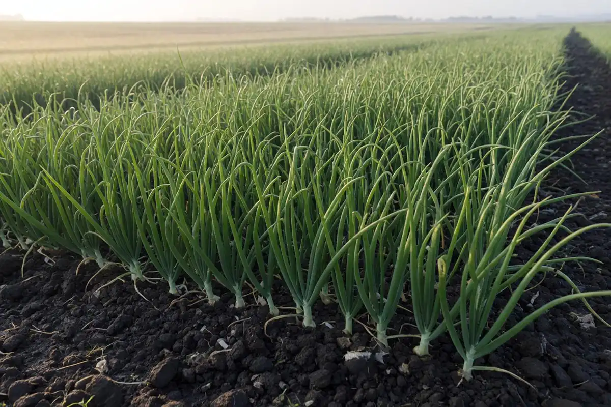 Onion plants spaced close together in a field row, the tight spacing that keeps bulbs small enough for boiler onions