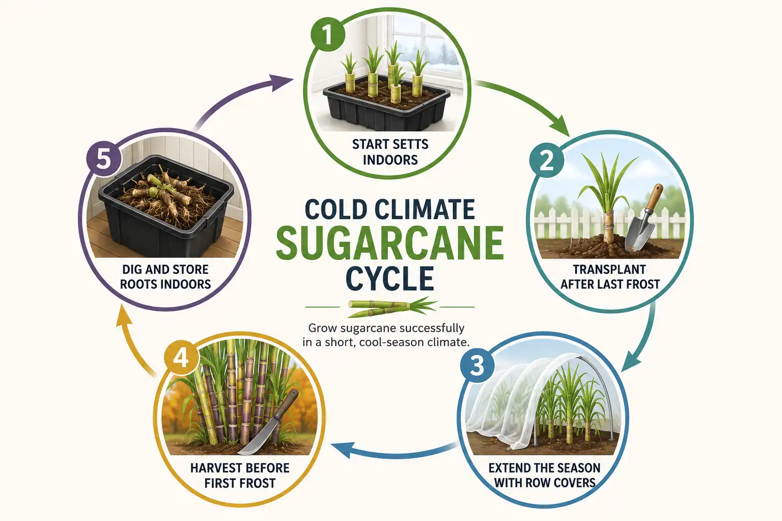 Process infographic about how to grow sugarcane in a cold climate from starting indoors to overwintering the roots