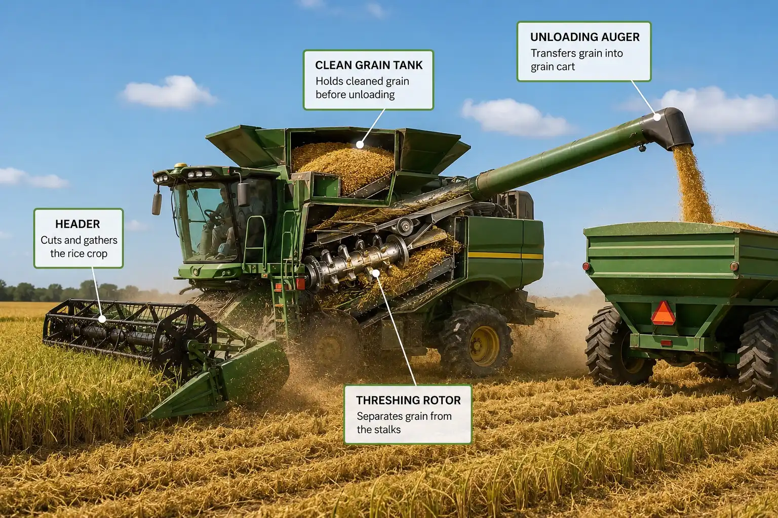 Combine harvester of how rice is harvested by machine through cutting, threshing, cleaning, and unloading grain