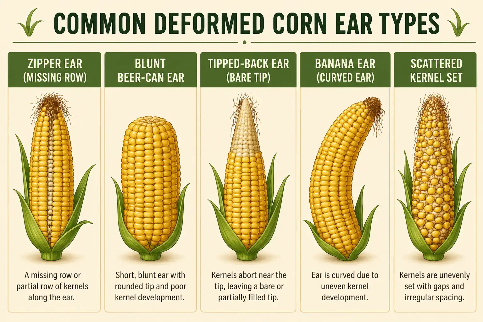 Comparison chart of deformed corn ear types including zipper, blunt beer-can, tipped-back, banana, and scattered kernel set