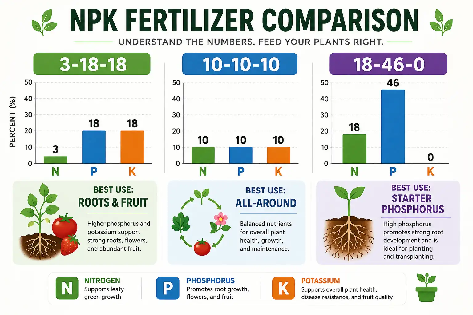 How 3-18-18 fertilizer compares to 10-10-10 and 18-46-0 by nutrient ratio and best use