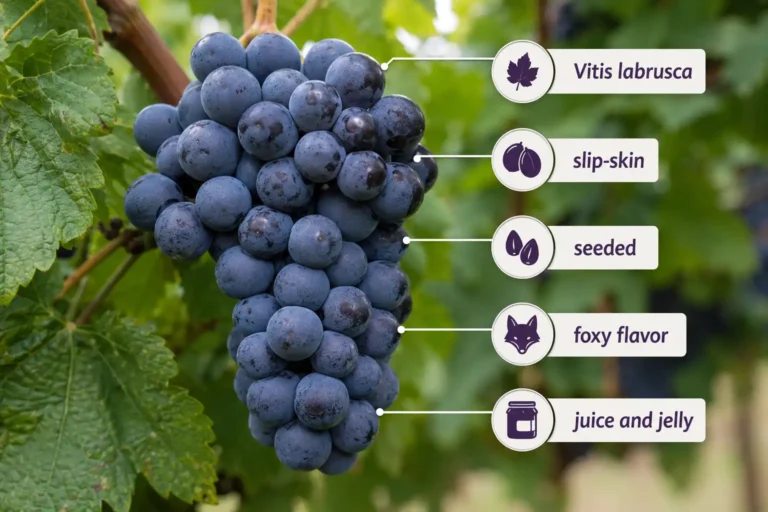 Concord grapes cluster with labeled traits infographic
