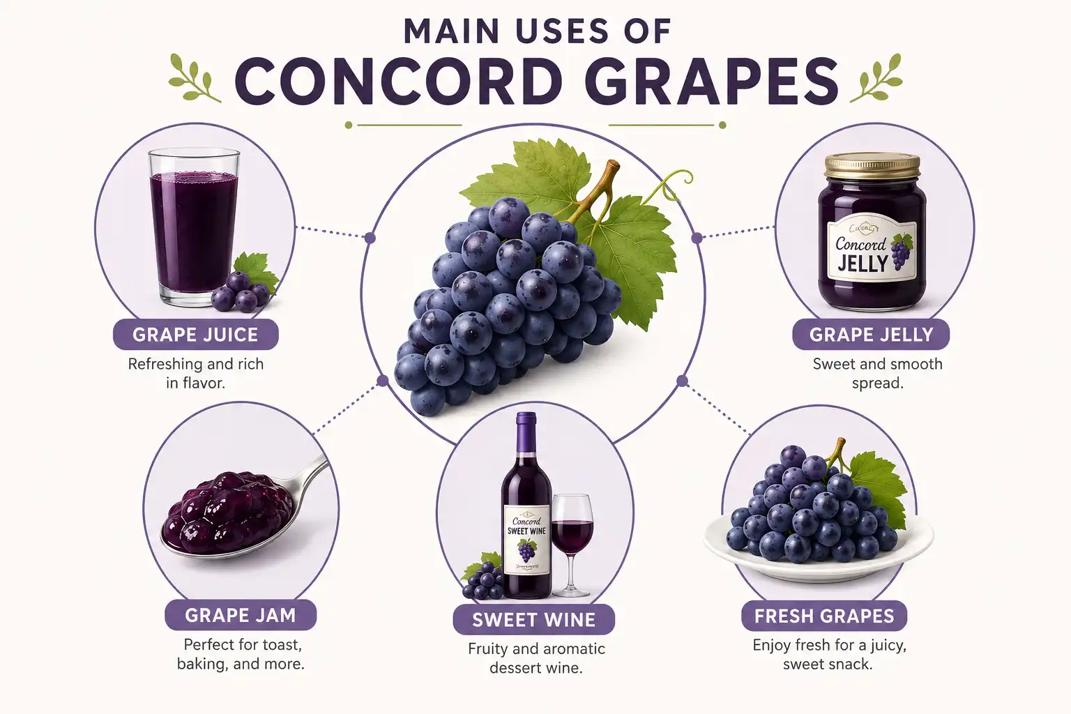 Infographic of what Concord grapes are used for, including juice, jelly, jam, sweet wine, and fresh eating.