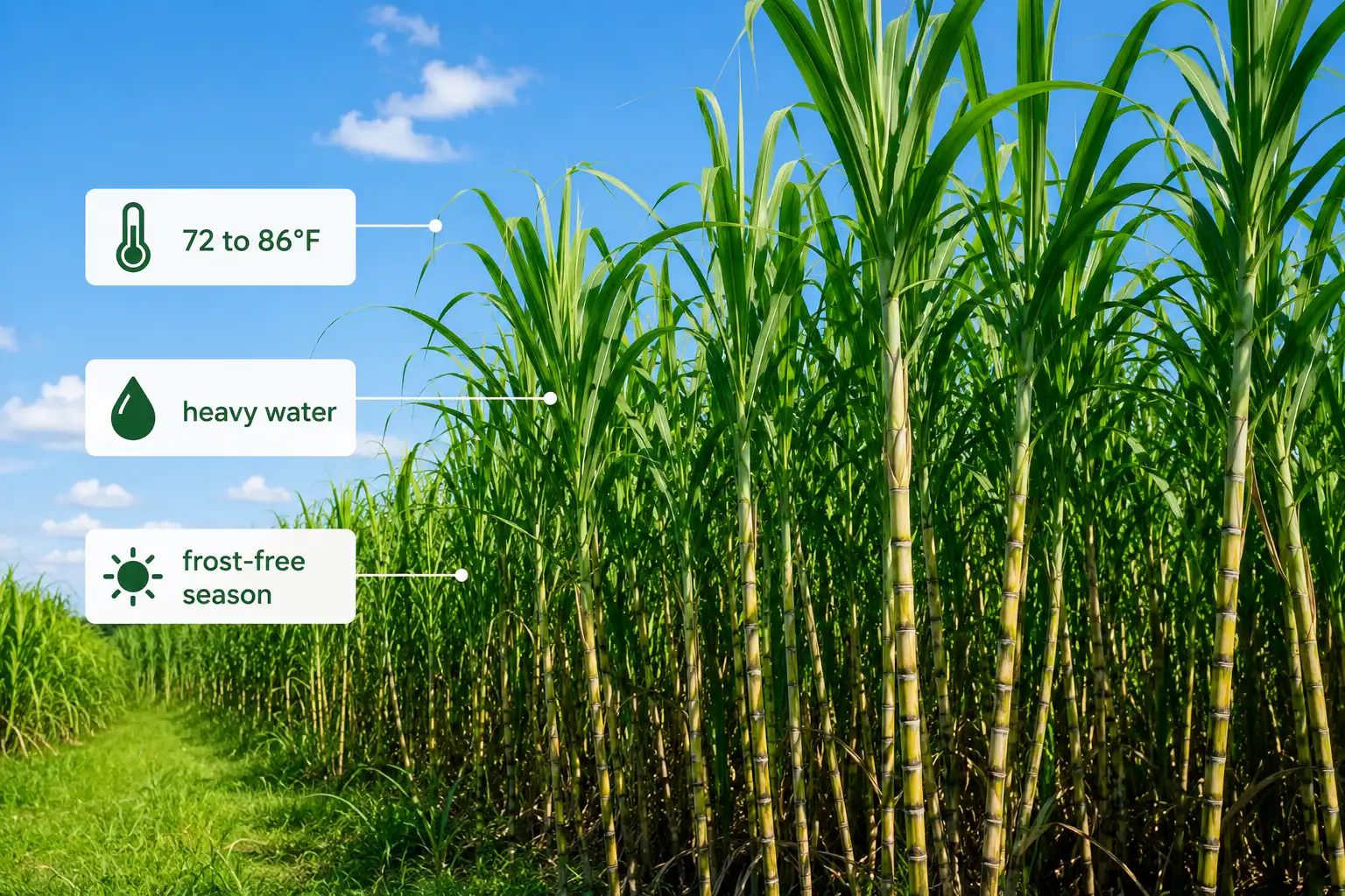 Tall summer sugarcane with callouts for heat, water, and a frost-free season, the main factors that affect how fast sugarcane grows.