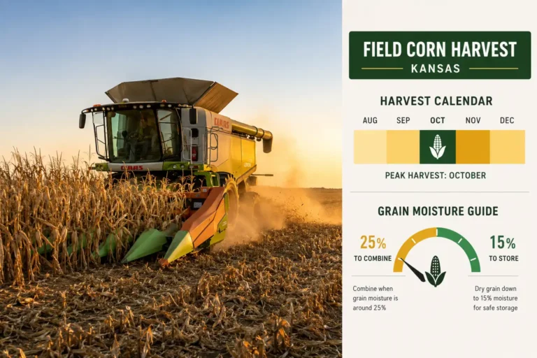 When is corn harvest in Kansas shown by a combine in a golden field with a calendar band peaking in October and a moisture gauge at 25 and 15 percent