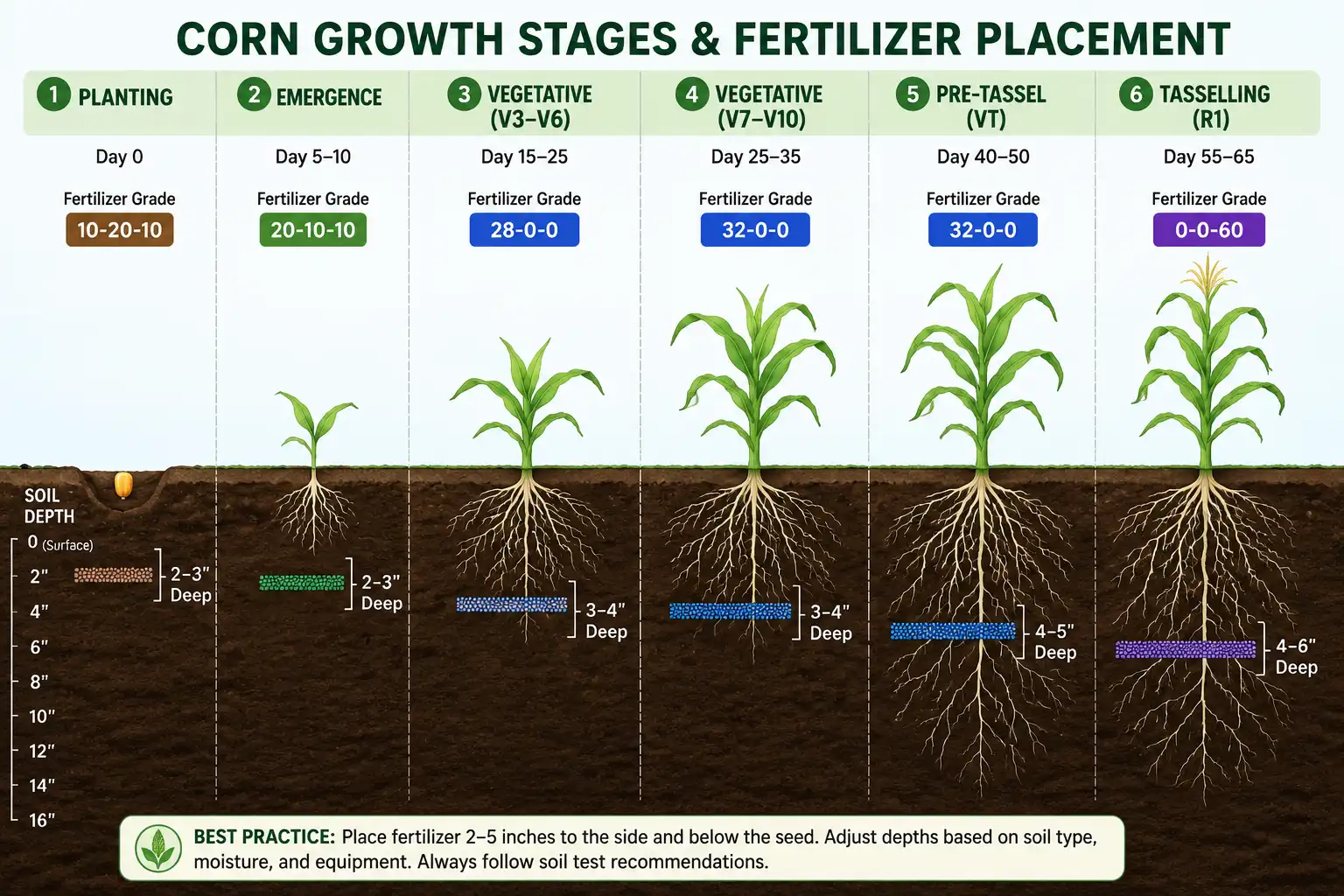 Chart of the best NPK ratio for corn at each growth stage, from balanced 10-10-10 at planting to 46-0-0 nitrogen at V6 and potassium before tasseling.