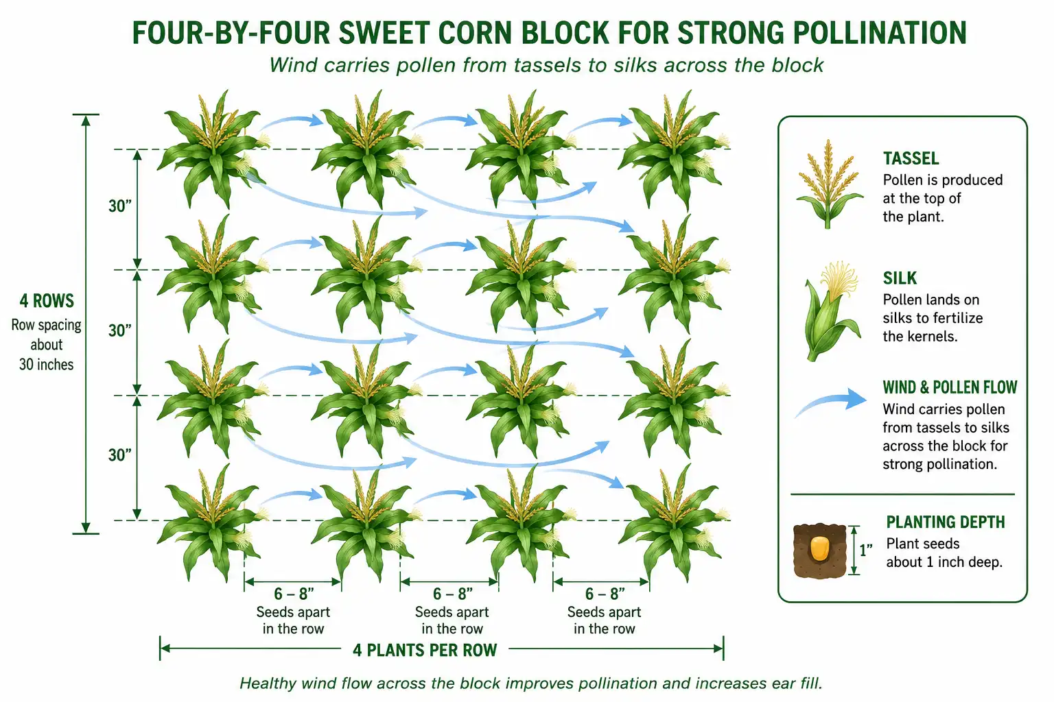 Diagram of a four by four corn block with row and seed spacing of wind pollination across the block