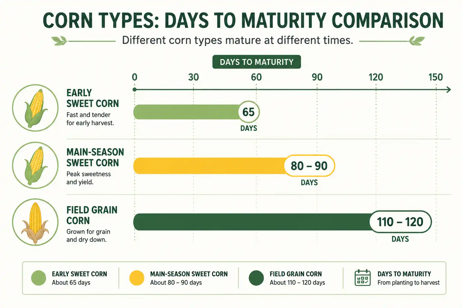 Chart comparing corn growth time from seed about sweet corn and field corn maturity days