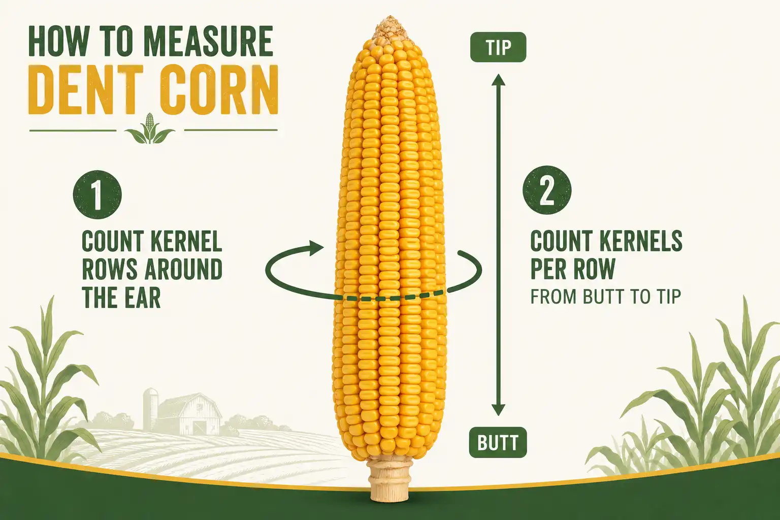 Corn ear diagram of how to count kernel rows around the ear and kernels per row for a yield estimate