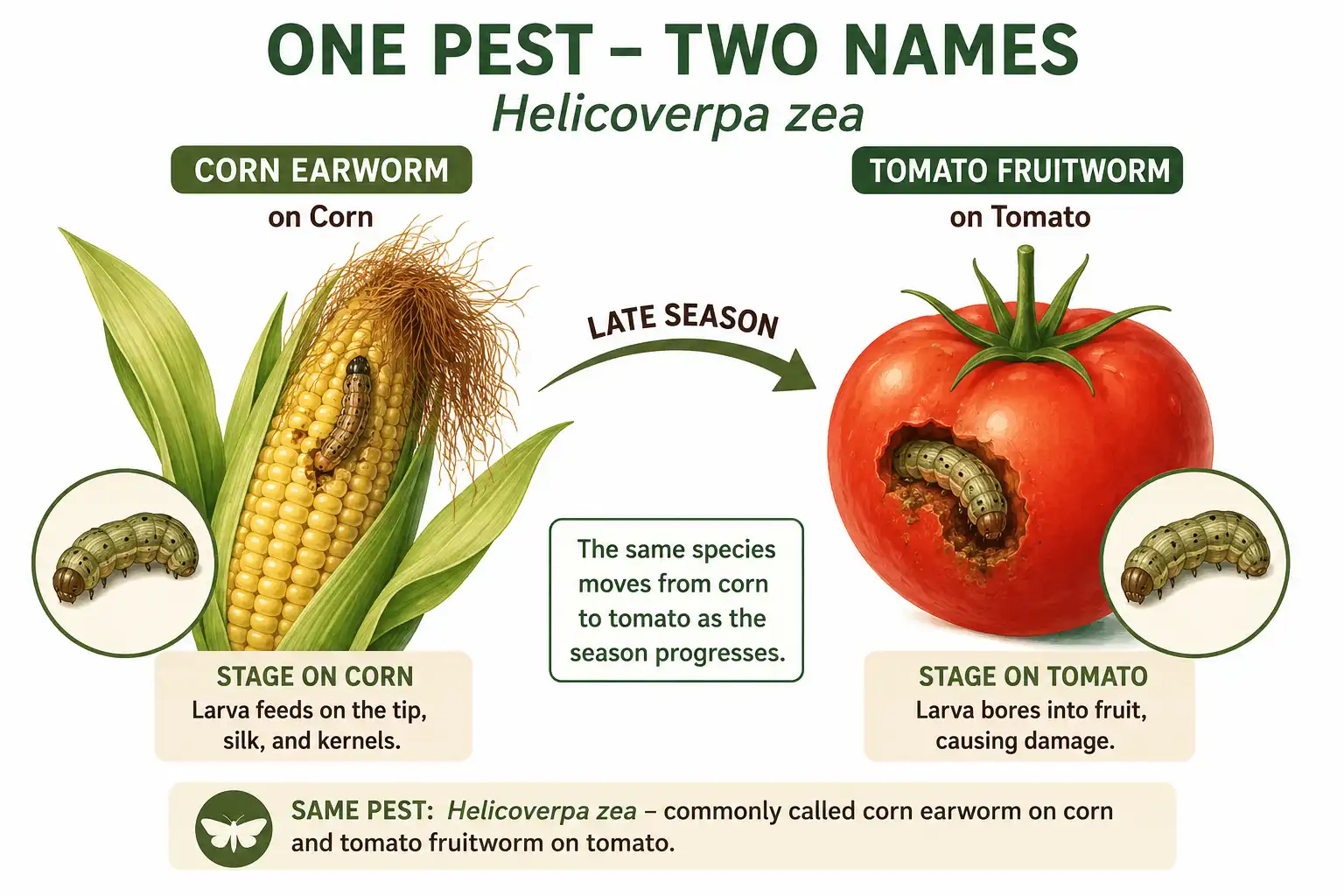 Diagram of the corn earworm and tomato fruitworm are the same pest that moves from corn silk to tomato fruit late in the season