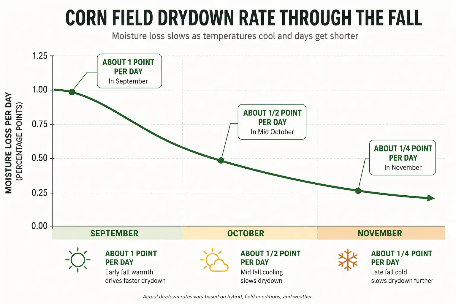 Chart about corn drydown slowing from about one point of moisture per day in September to a quarter point by November