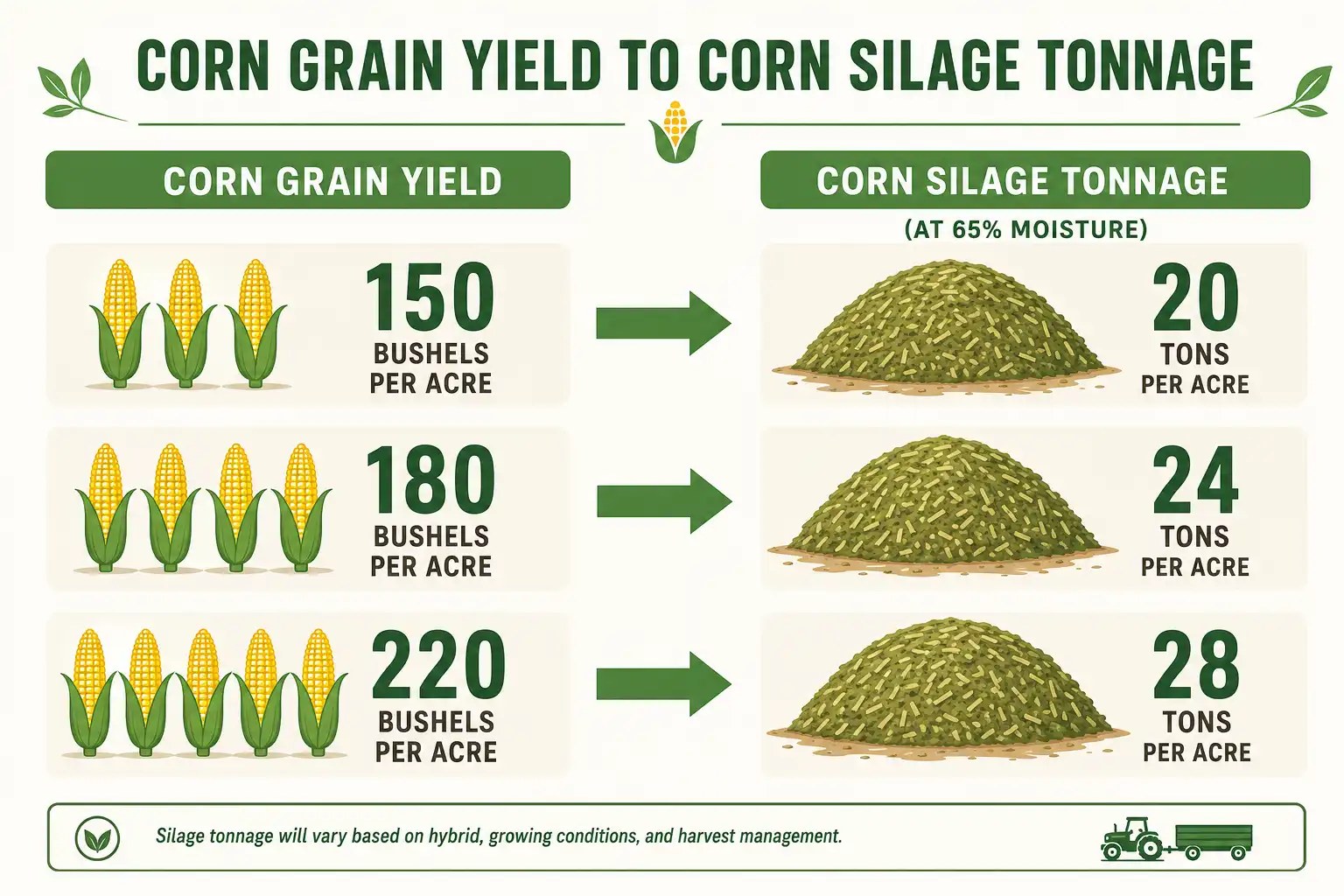 Chart converting corn grain bushels per acre into corn silage tons per acre at 65 percent moisture