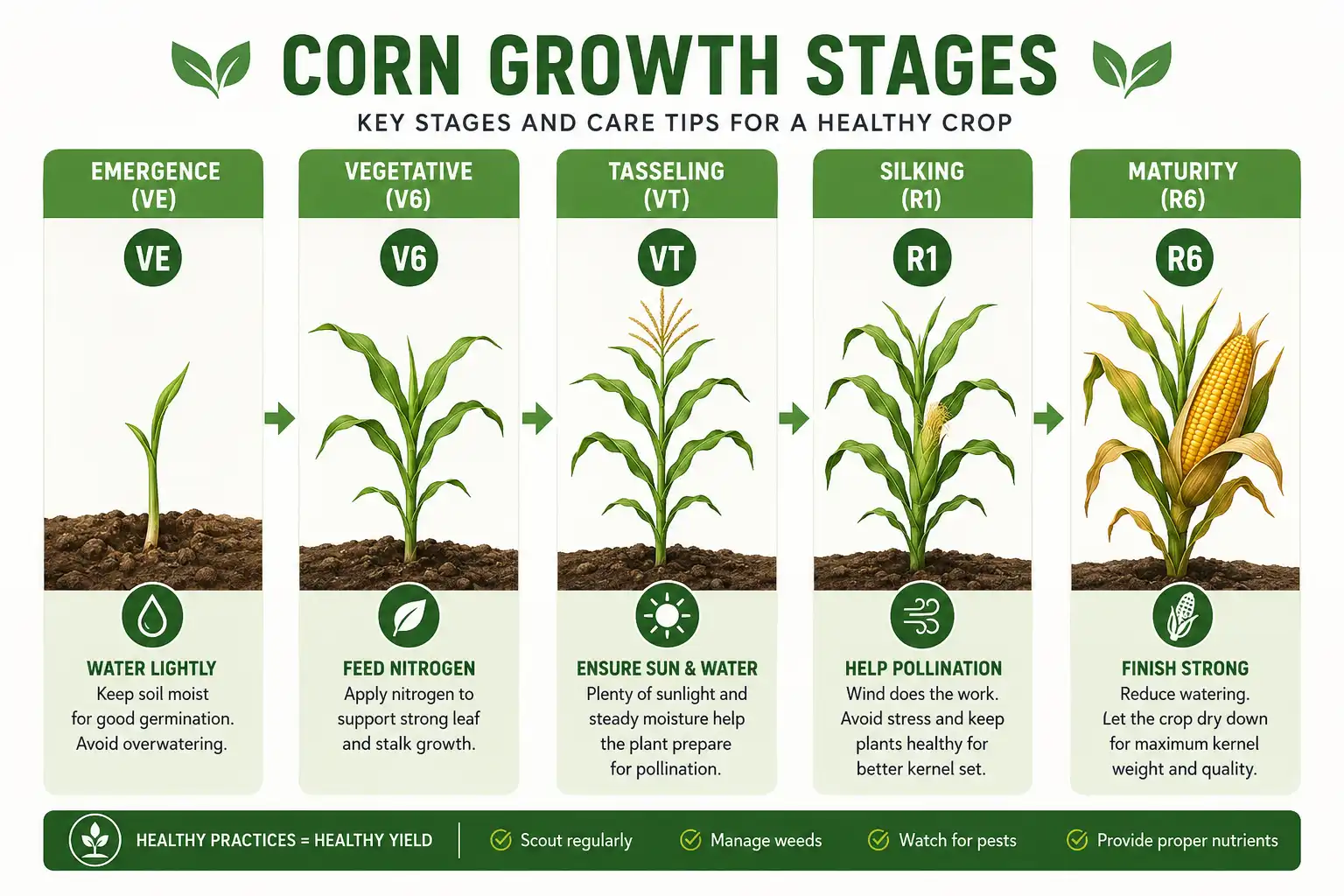 Corn growth stages from emergence to maturity with a care note for each stage