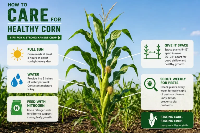 Corn plant care guide about sun, watering, nitrogen feeding, spacing, and pest scouting