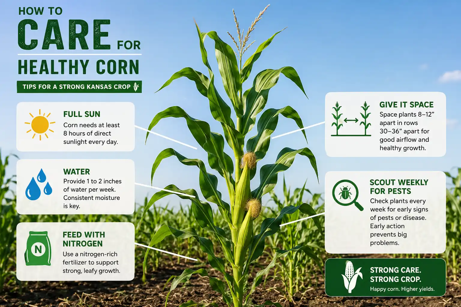 Corn plant care guide about sun, watering, nitrogen feeding, spacing, and pest scouting