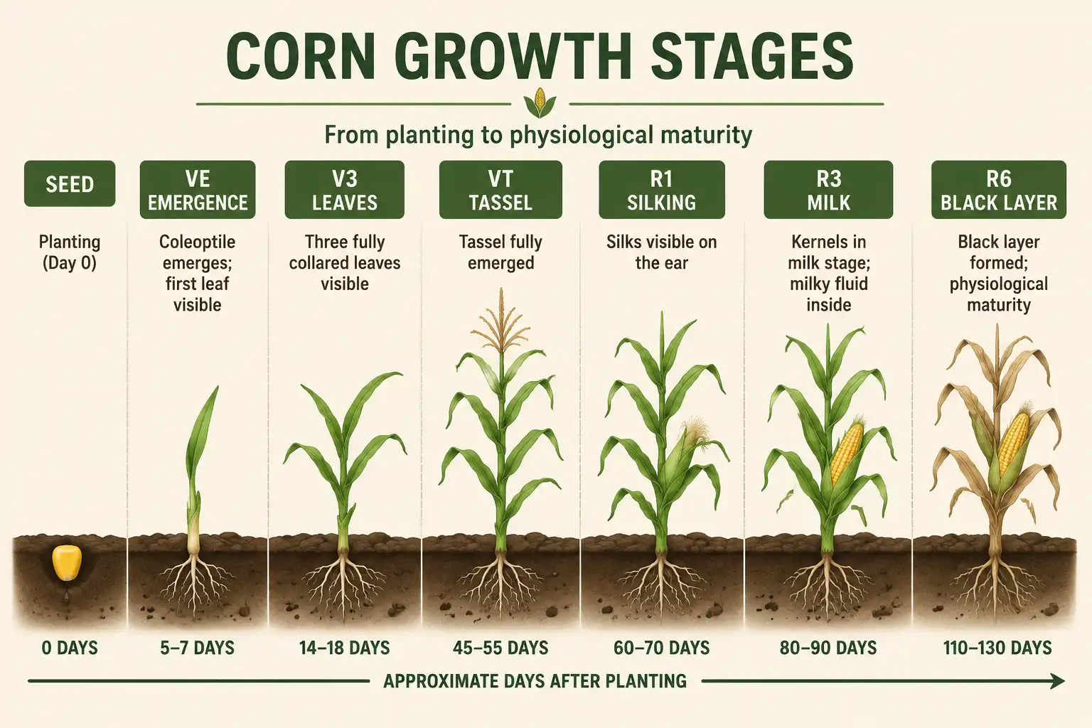 Diagram of corn growth stages from seed germination to black layer maturity with day estimates