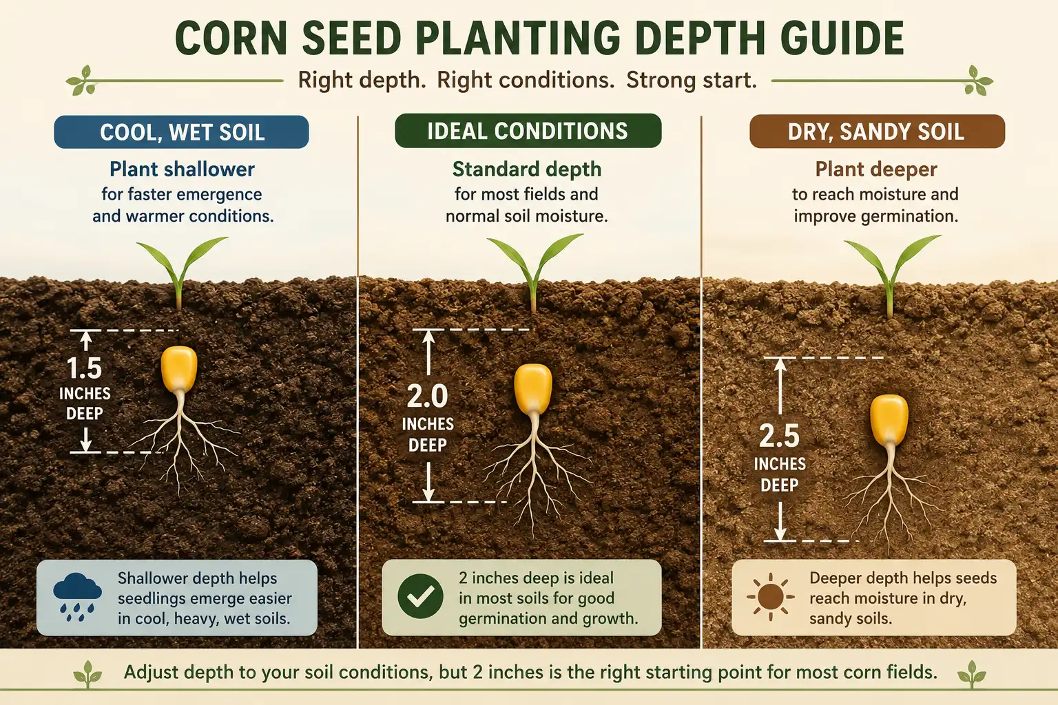Corn planting depth chart of seed 2 inches deep with shallower and deeper settings for wet and dry soil