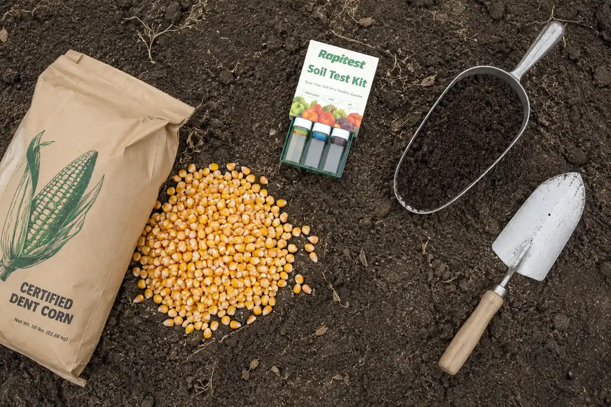Everything you need to plant corn laid out on prepared soil, including corn seed, compost, a soil test kit, and a trowel