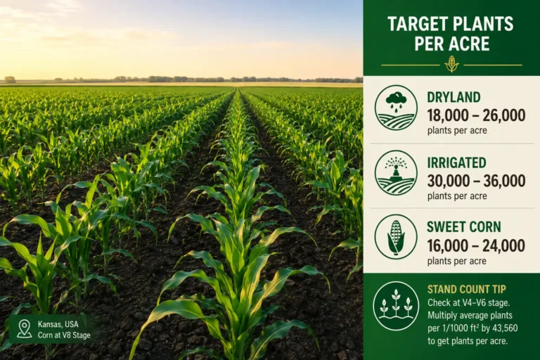 Infographic over a Kansas cornfield of how many corn plants per acre to target for dryland, irrigated, and sweet corn