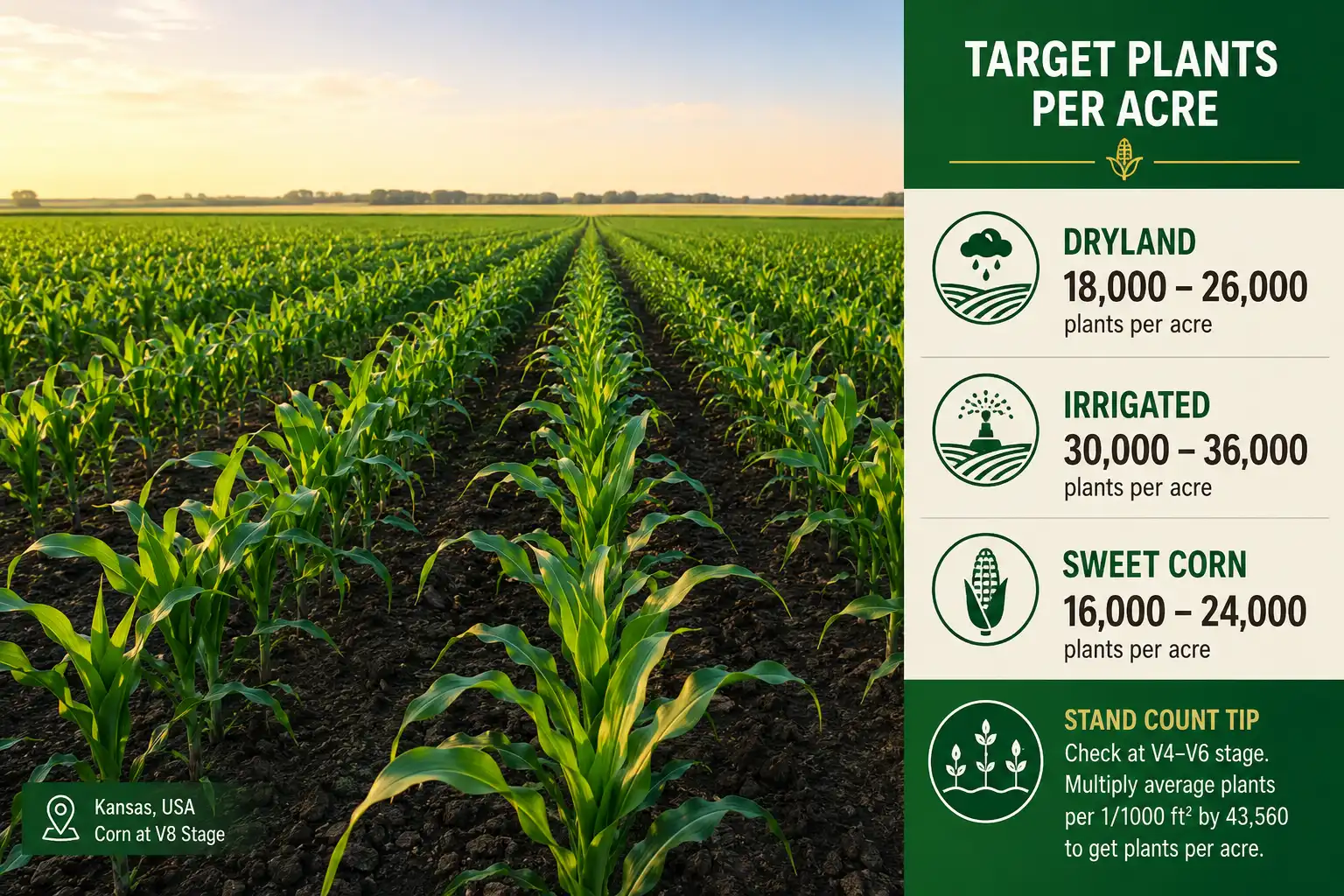 Infographic over a Kansas cornfield of how many corn plants per acre to target for dryland, irrigated, and sweet corn