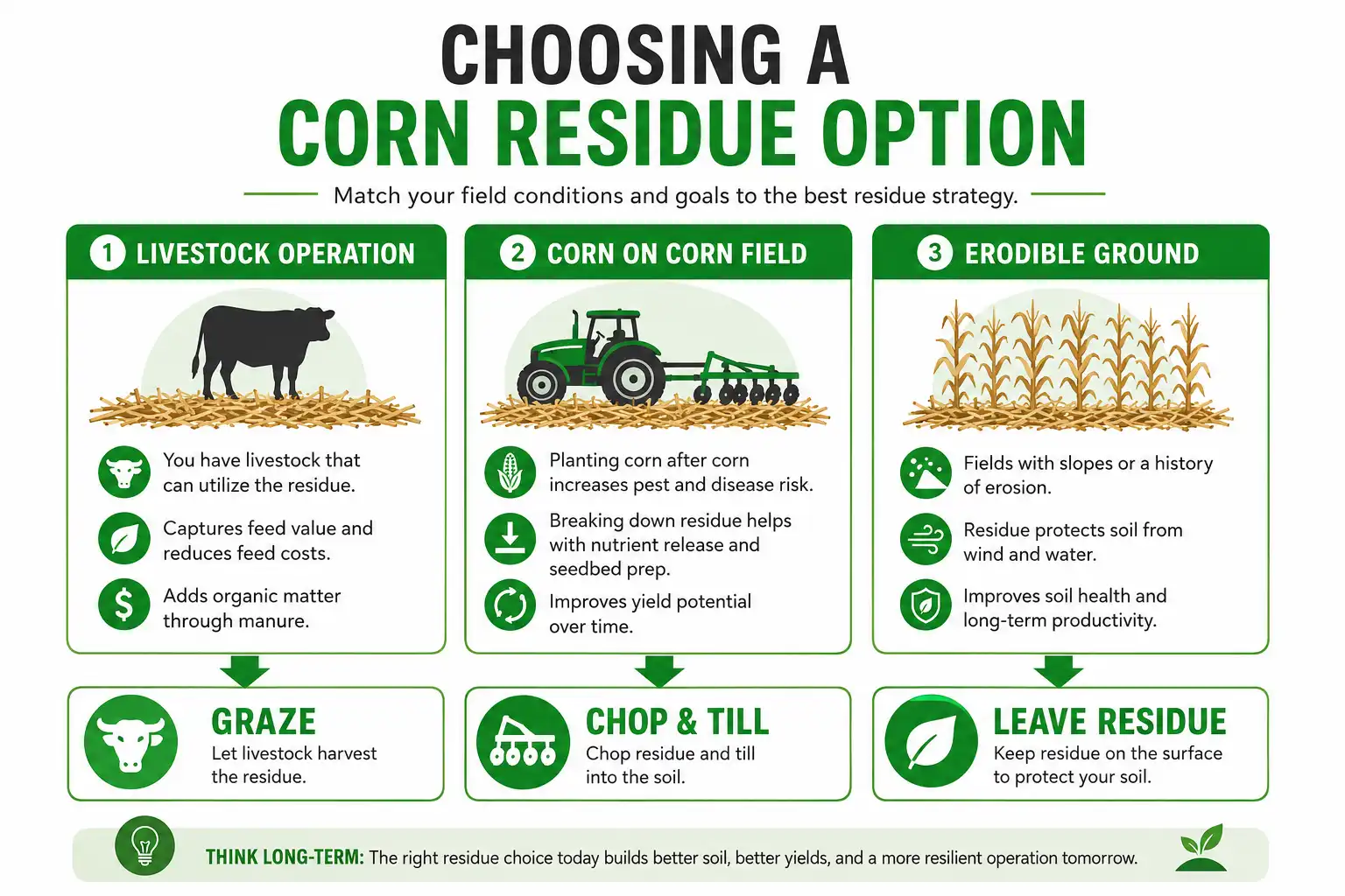 Decision guide matching corn residue options to livestock operations, continuous corn fields, and erodible ground