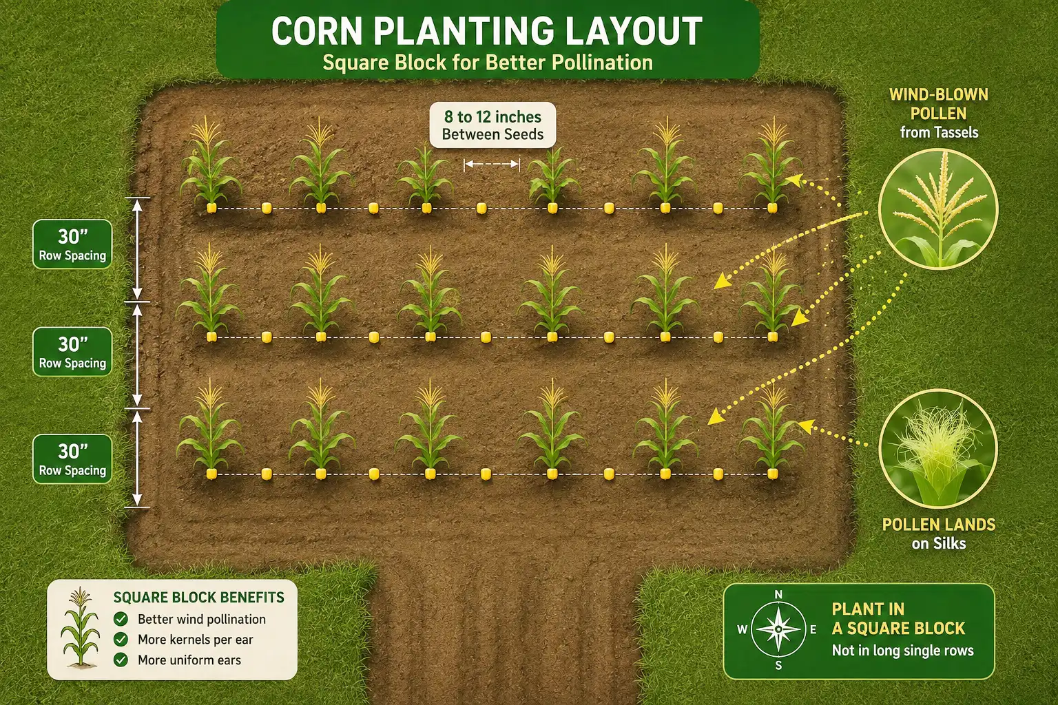 Corn spacing diagram with 30 inch rows in a block layout for better wind pollination