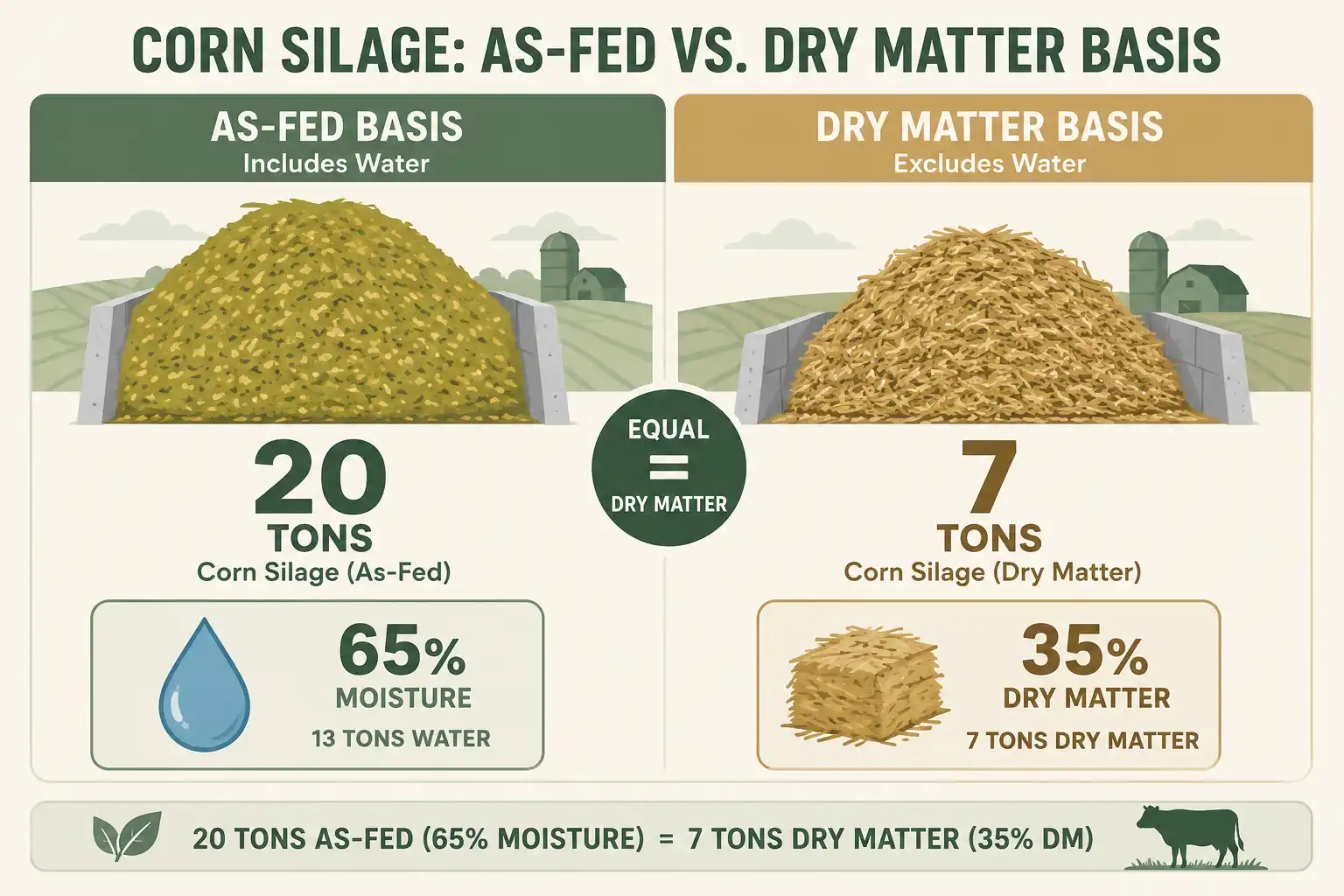 Comparison of corn silage as fed tons and dry matter tons per acre at different moisture levels