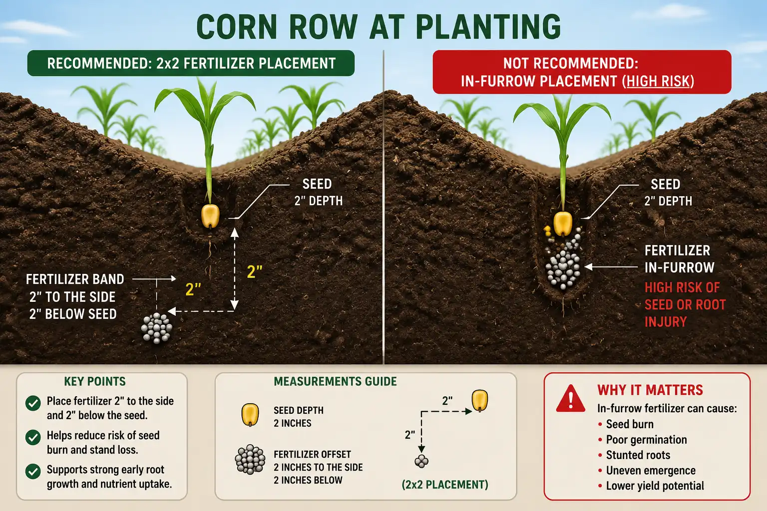 Diagram of how to apply corn starter fertilizer using the 2×2 rule, with the band placed 2 inches to the side and 2 inches below the seed to avoid salt injury.