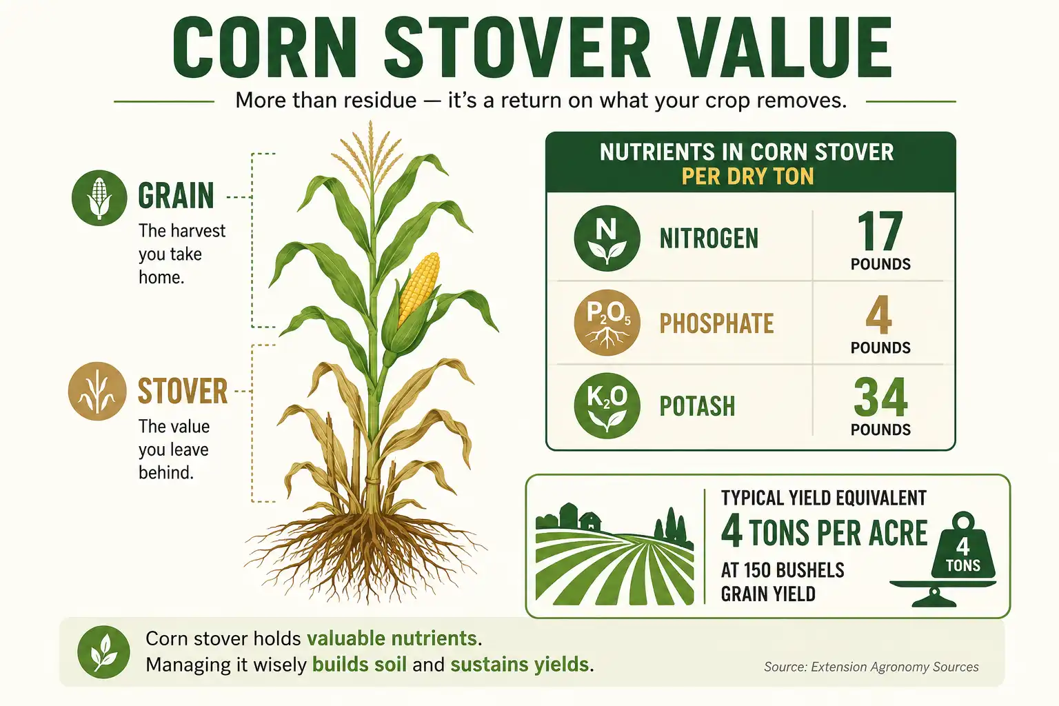 Chart of corn stover nutrient value of nitrogen, phosphate, and potash removed per ton and tons of residue per acre