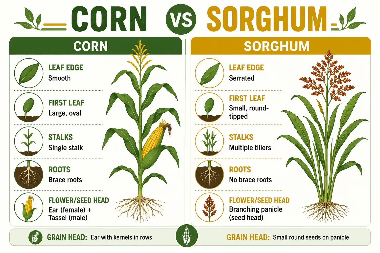 Comparison chart about how to tell corn from sorghum by leaf edge, first leaf, tillers, brace roots, and seed head