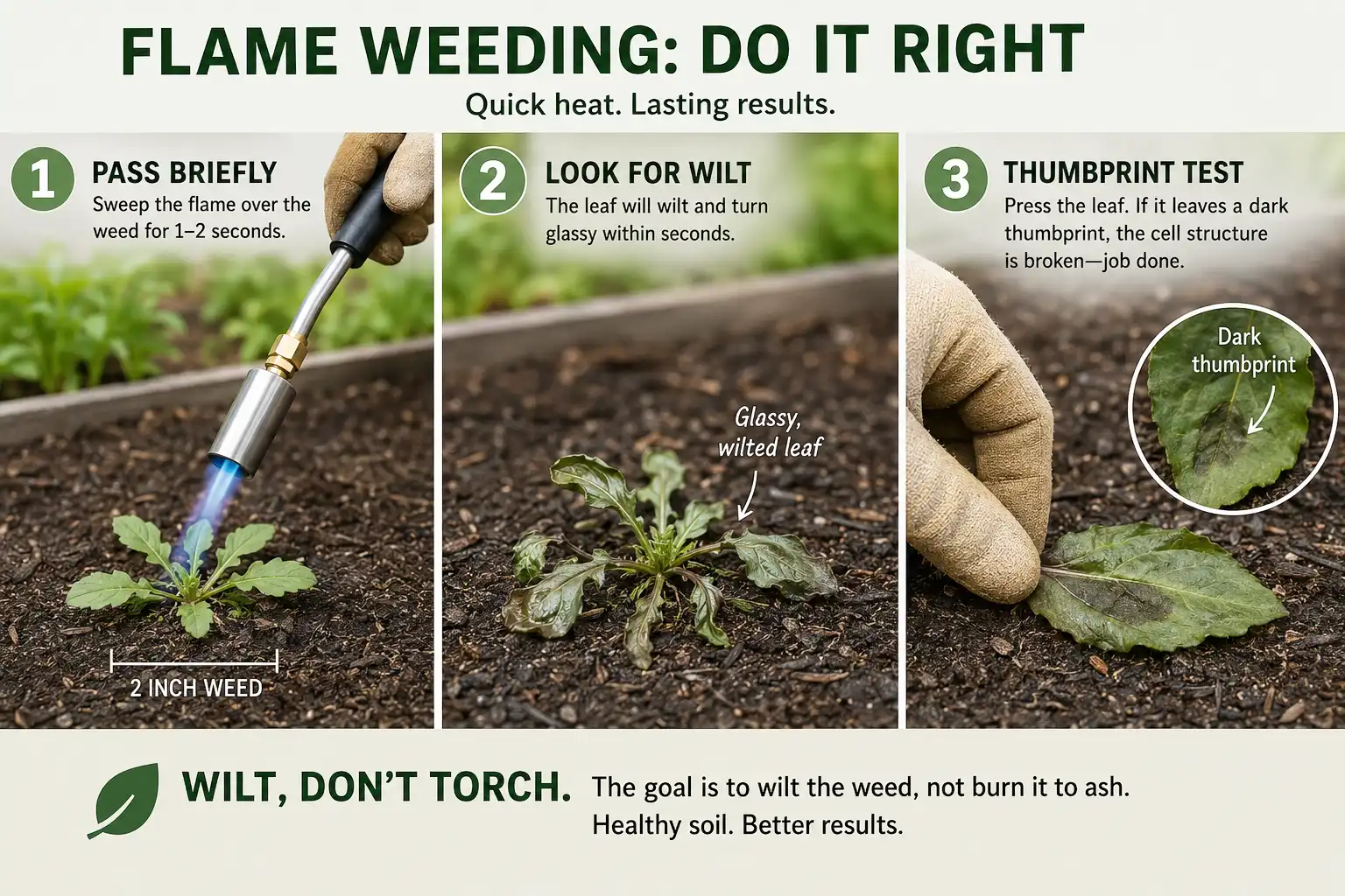 Infographic of correct flame weeding technique, ideal weed height, and the thumbprint test for a finished weed