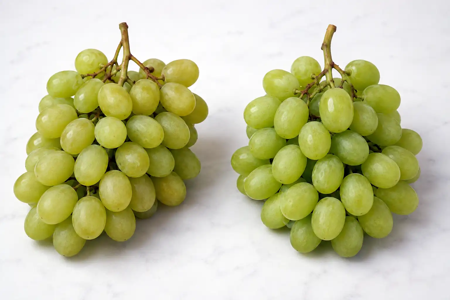 Comparison of cotton candy grapes and regular green grapes that look nearly identical by sight