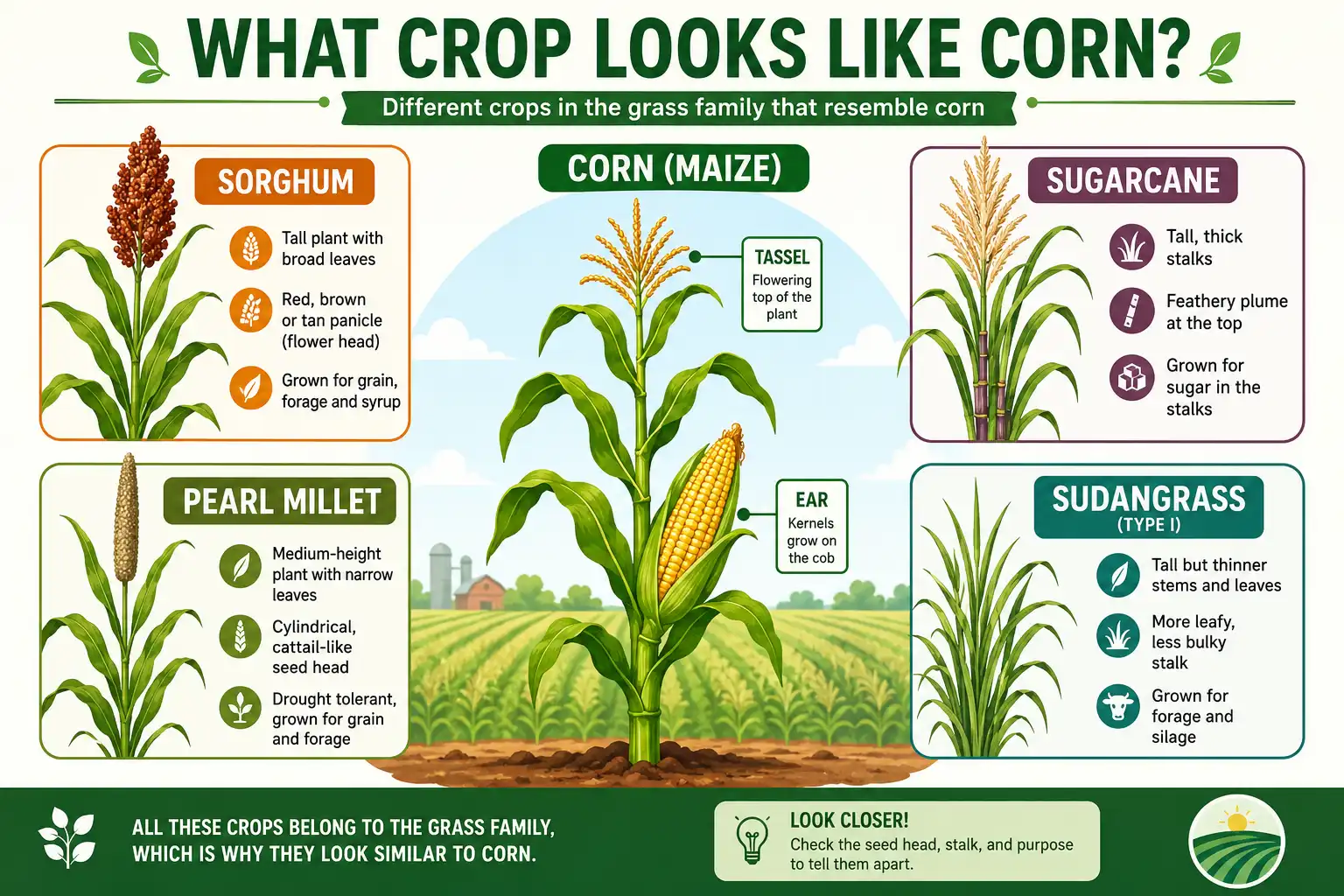 The crop that looks like corn, comparing corn with sorghum, sugarcane, pearl millet, and sudangrass
