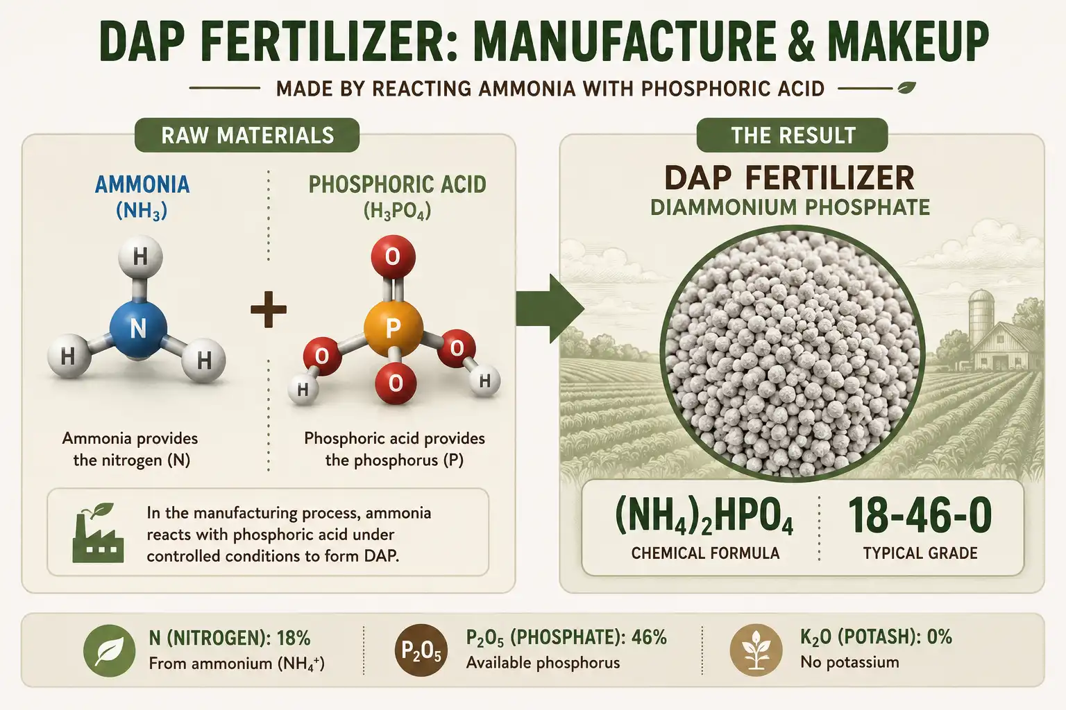 DAP formula infographic of ammonia and phosphoric acid forming diammonium phosphate with the 18-46-0 grade