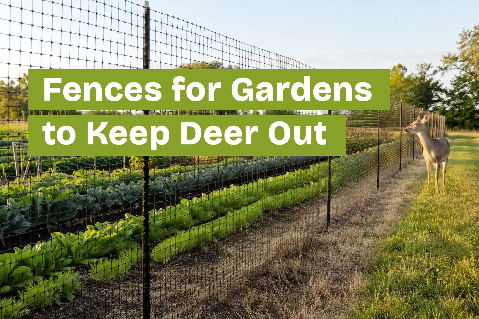 Deer fencing for gardens using tall black poly mesh on T-posts keeping a whitetail deer out of vegetable beds