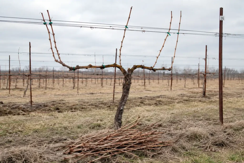 Dormant grapevine pruned to a few selected canes tied to the trellis with cut canes on the ground