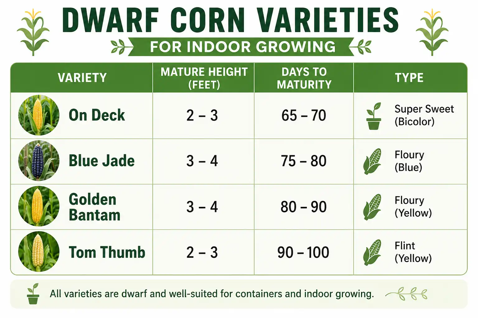 Comparison chart of dwarf corn varieties for indoor growing with heights, days to maturity, and type