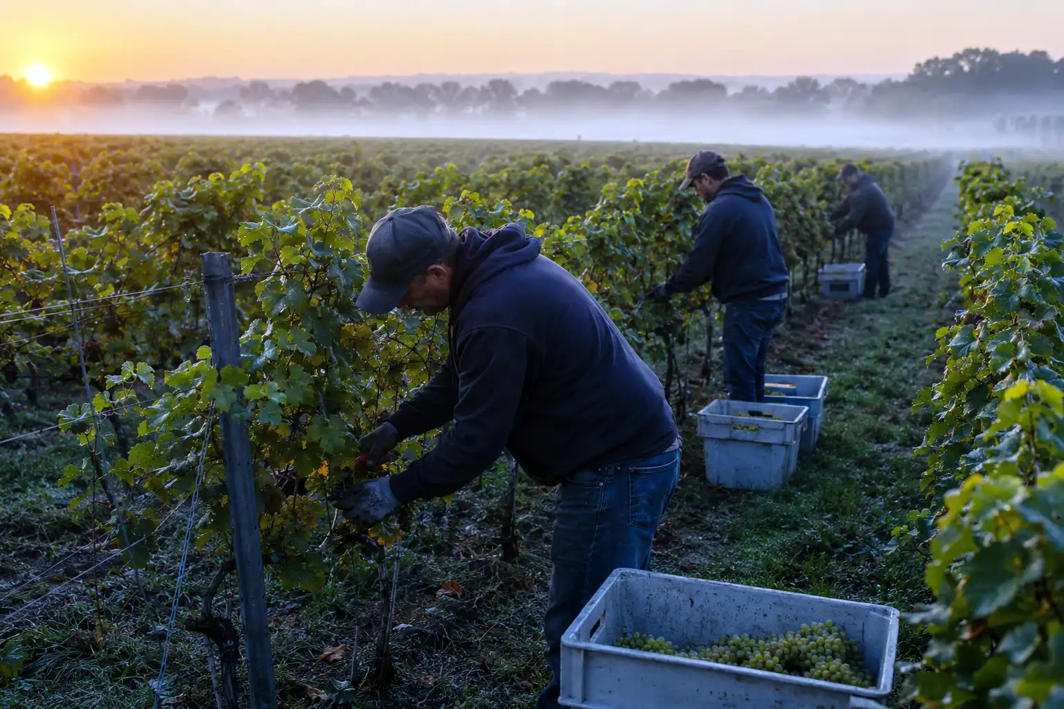 Crew harvesting grapes at dawn when the fruit is still cool to protect quality
