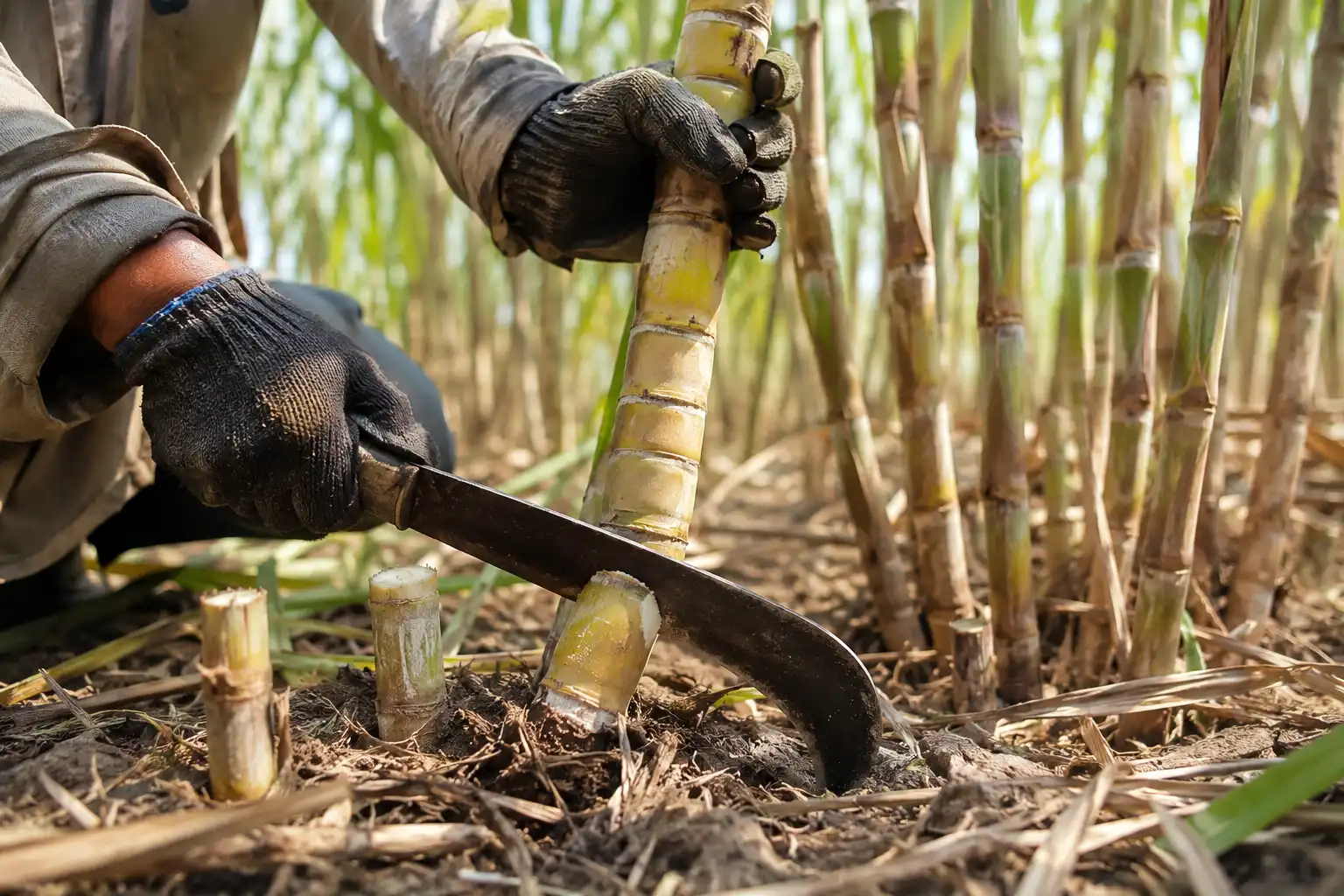 Farmer cutting a sugarcane stalk close to the ground with a sharp cane knife, leaving short stubble for the next crop.