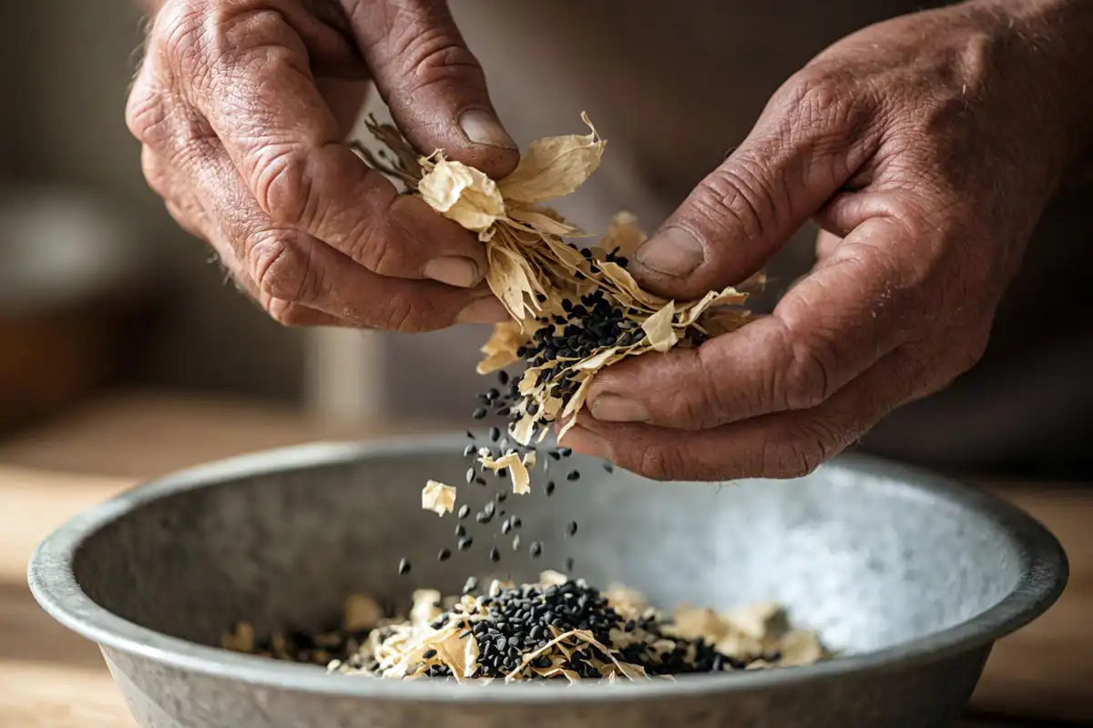Farmer threshing dried onion seed heads to separate black seeds from chaff