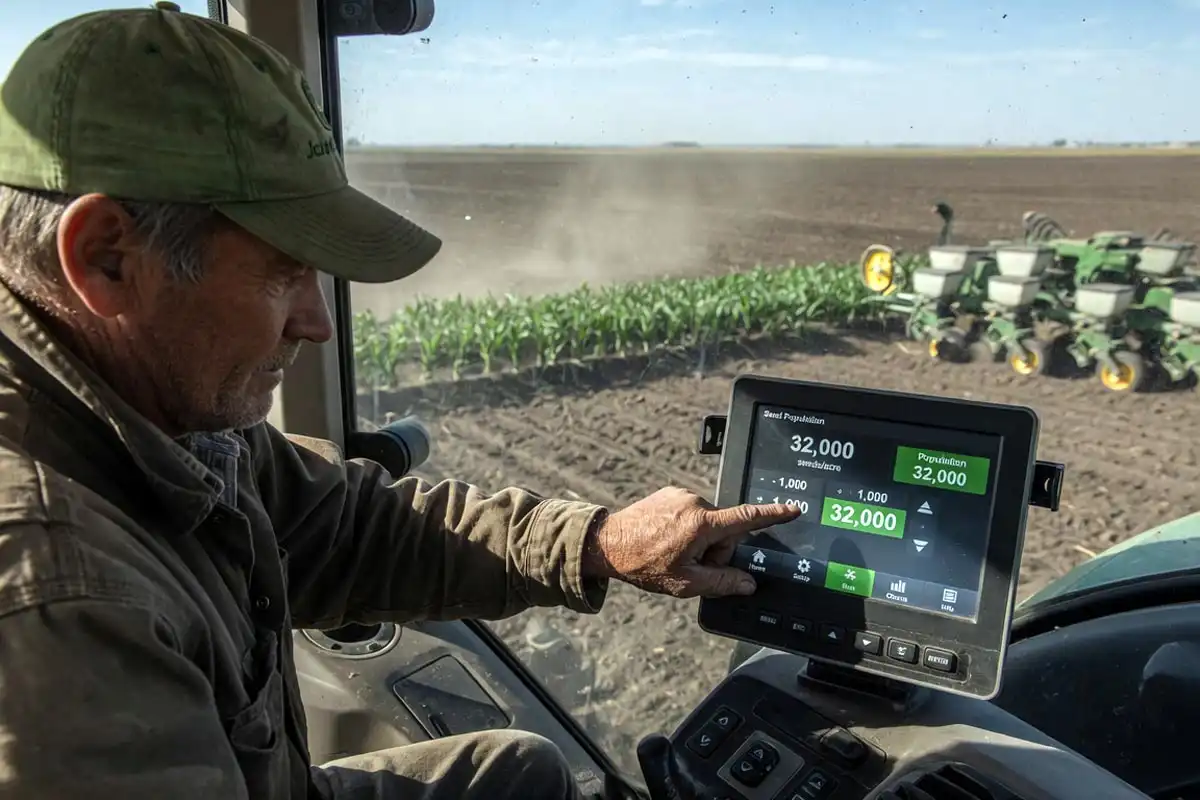 Farmer adjusting corn seeds per acre on a planter monitor, the rate that sets how many acres a bag of seed corn plants