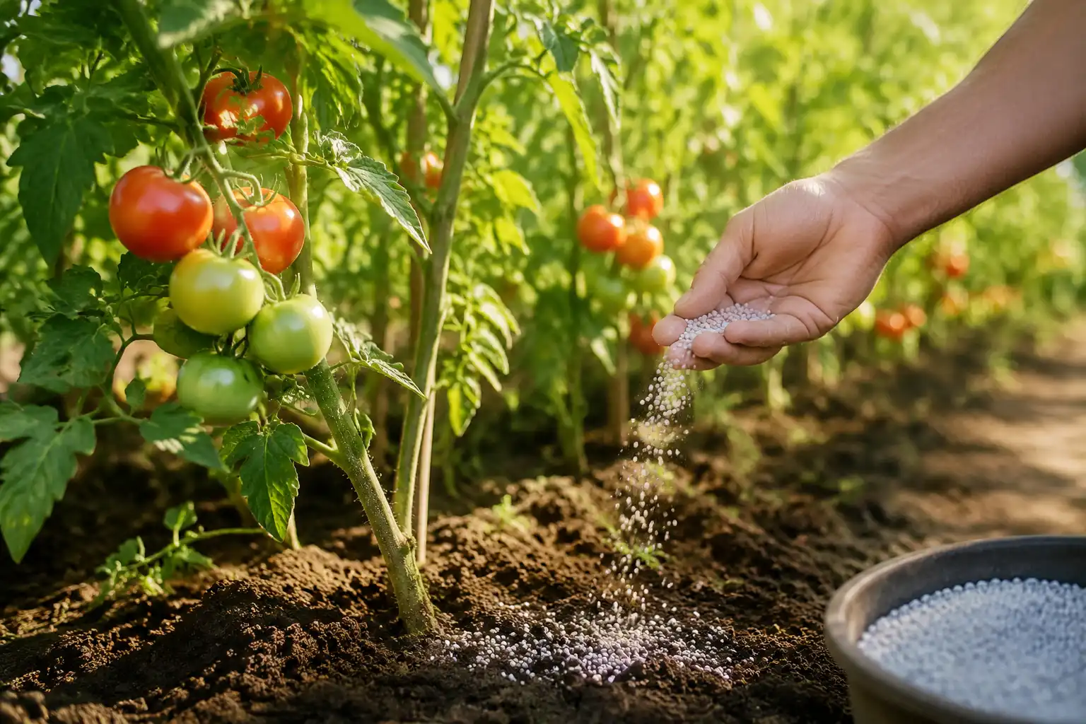 Applying 5-10-10 fertilizer to tomato plants at the fruiting stage for better fruit set