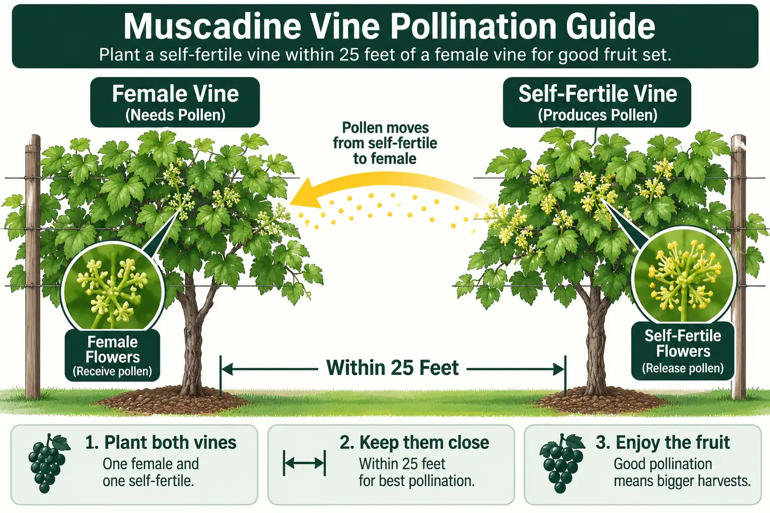 Diagram of a self-fertile muscadine vine pollinating a nearby female vine for fruit set
