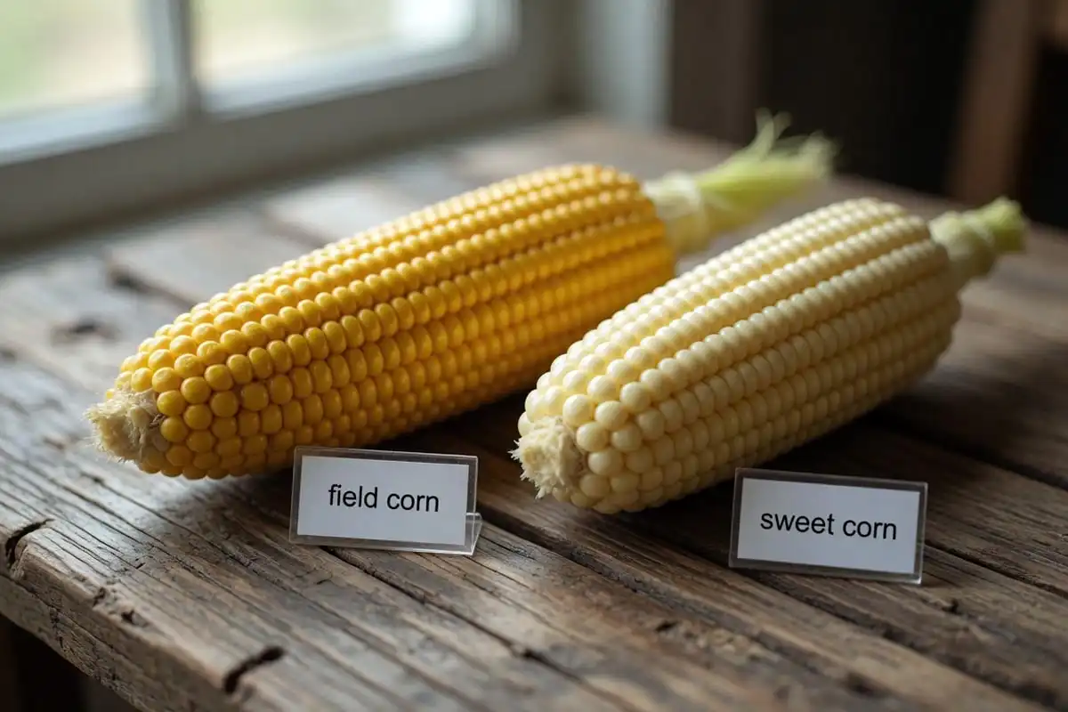 Field corn with hard dented kernels next to sweet corn with plump pale kernels
