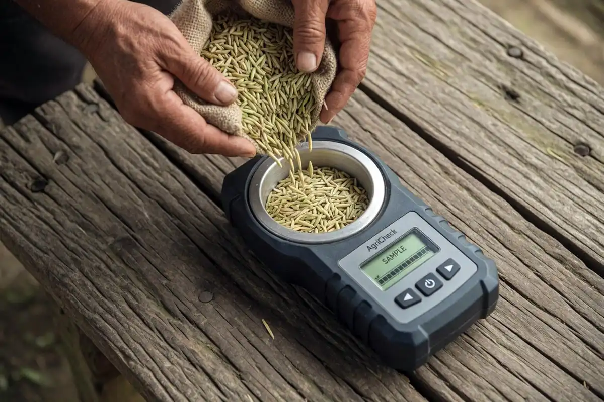 Farmer filling a handheld grain moisture meter to the fill line with rough rice paddy to measure moisture content