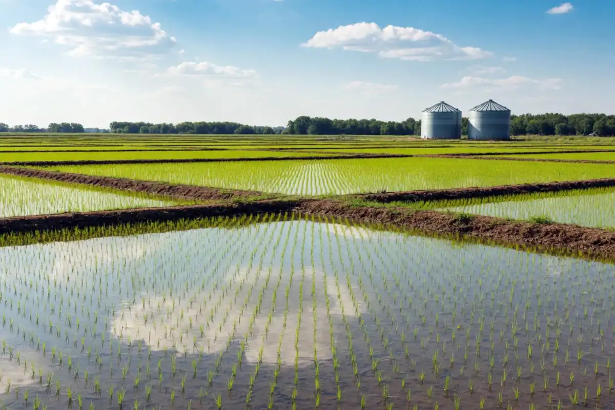 Flat, flooded rice field with low levees and bright green rice, the wet ground that rice needs to grow.