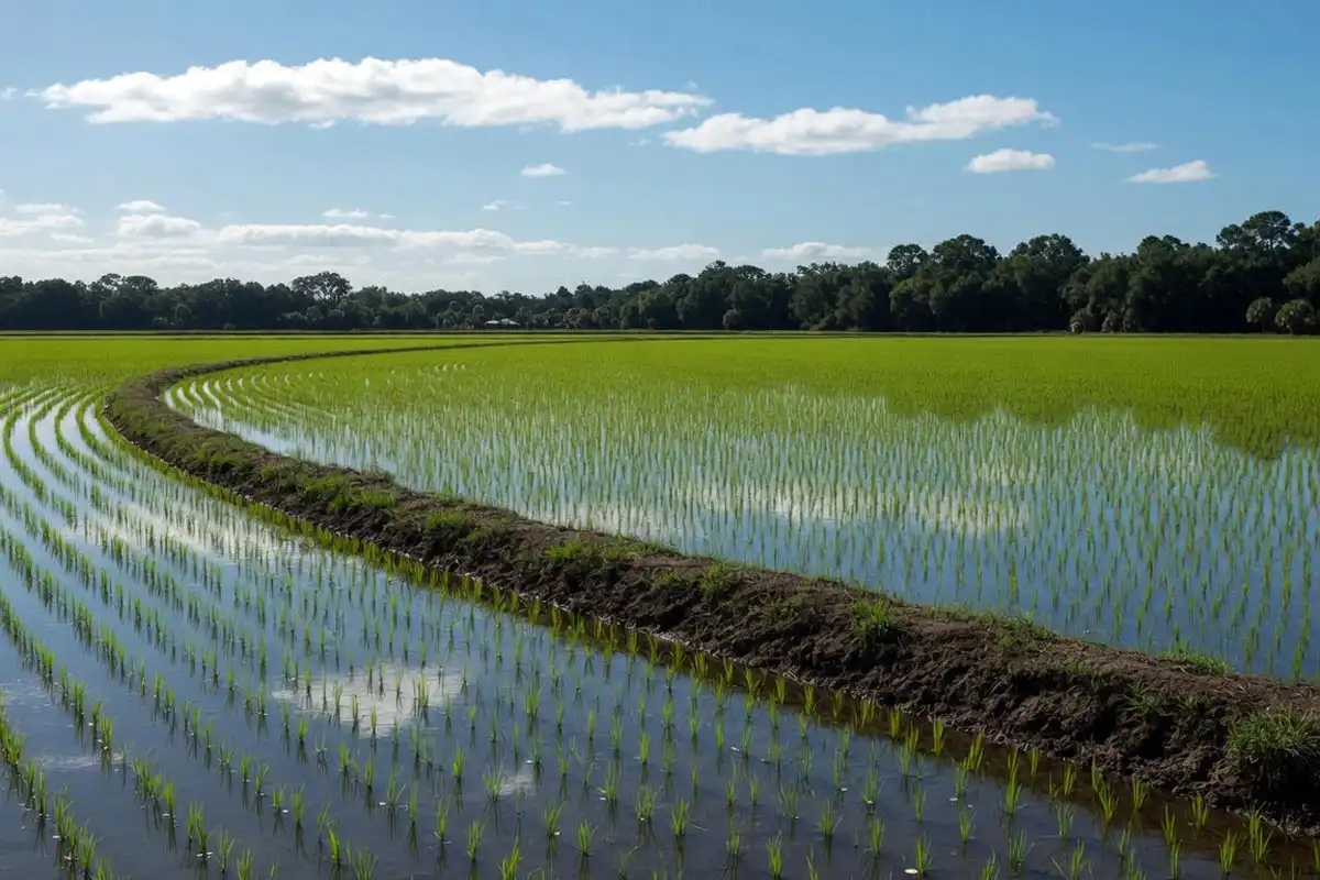 Flooded rice field with shallow standing water behind a levee, showing the wet climate rice needs to grow