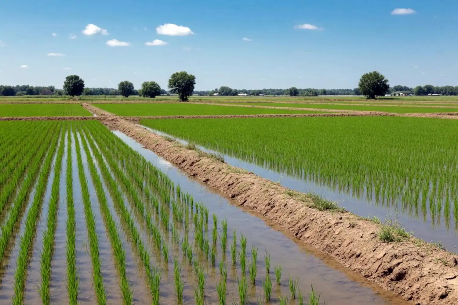 Flooded rice field with levees of how to grow rice in a field under a permanent summer flood.