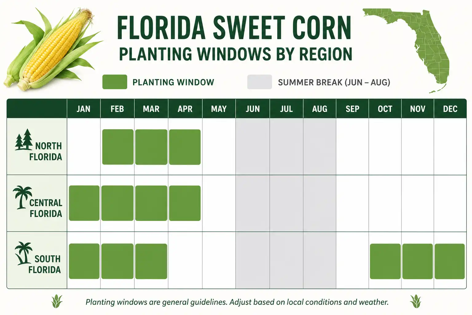 Calendar of Florida corn planting months for north, central, and south regions with a summer break